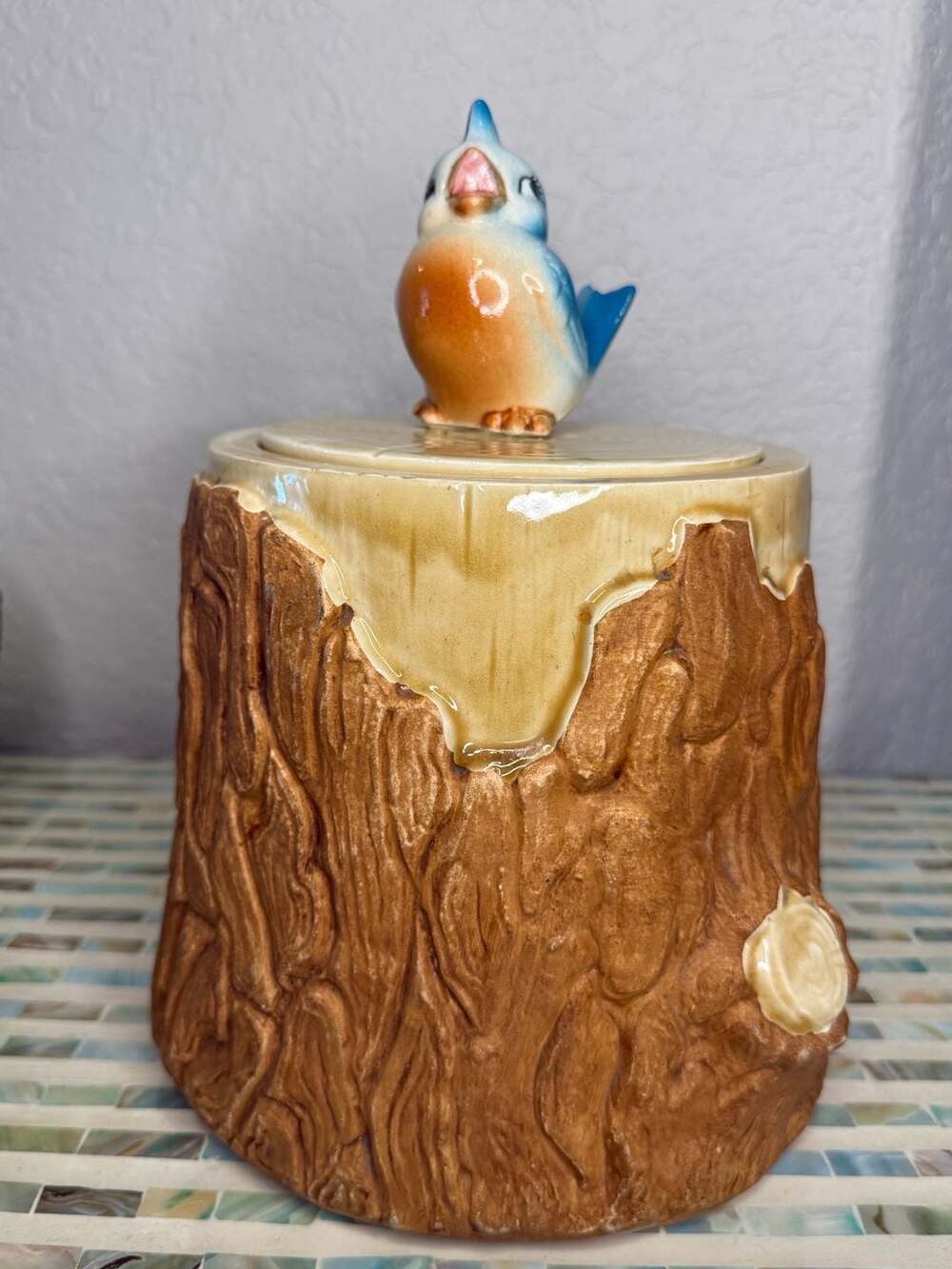 McCoy Vintage Tree Trunk Cookie Jar with Blue Bird Lid